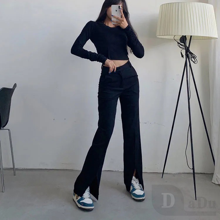 Quần Dài Ống Rộng Xẻ Tà Kèm Thắt Lưng Sành Điệu Thời Trang Cho Nữ