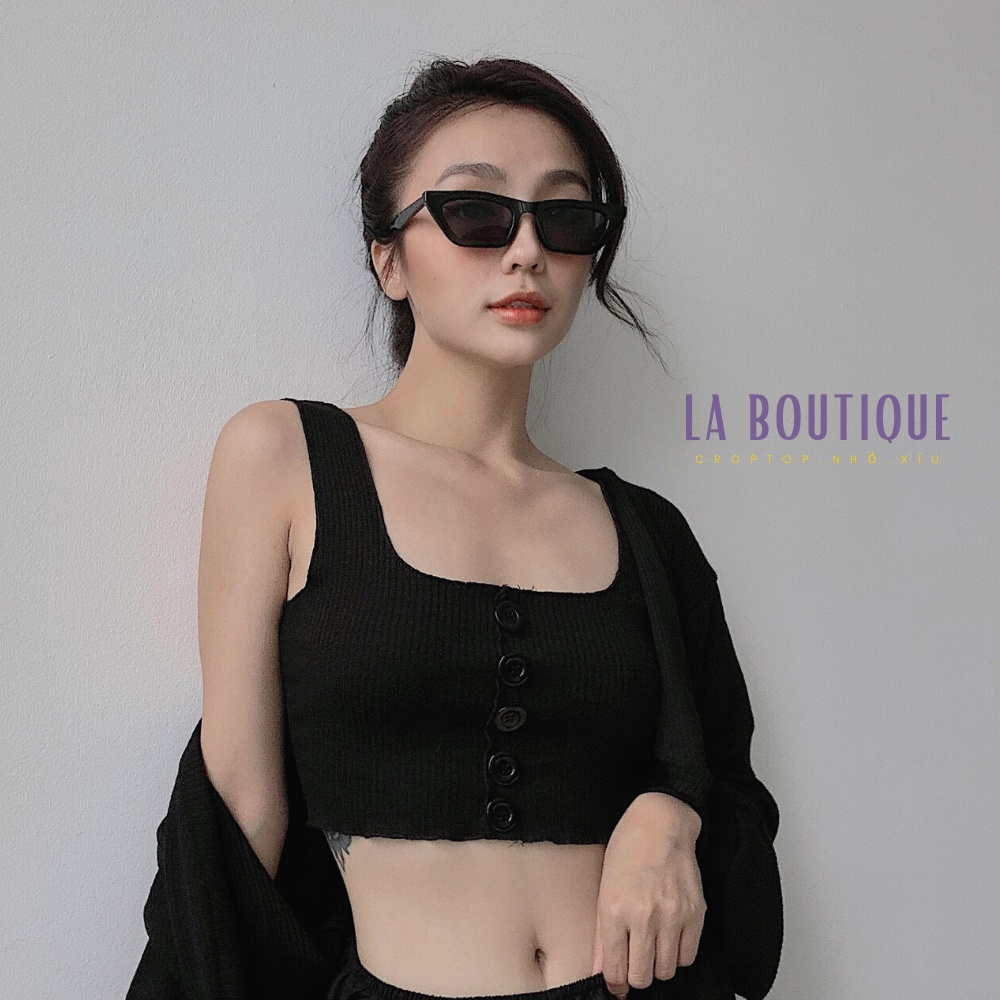 Áo croptop nữ 2 dây bản to La Boutique đính nút cổ vuông màu đen freesize thun gân dáng ôm body