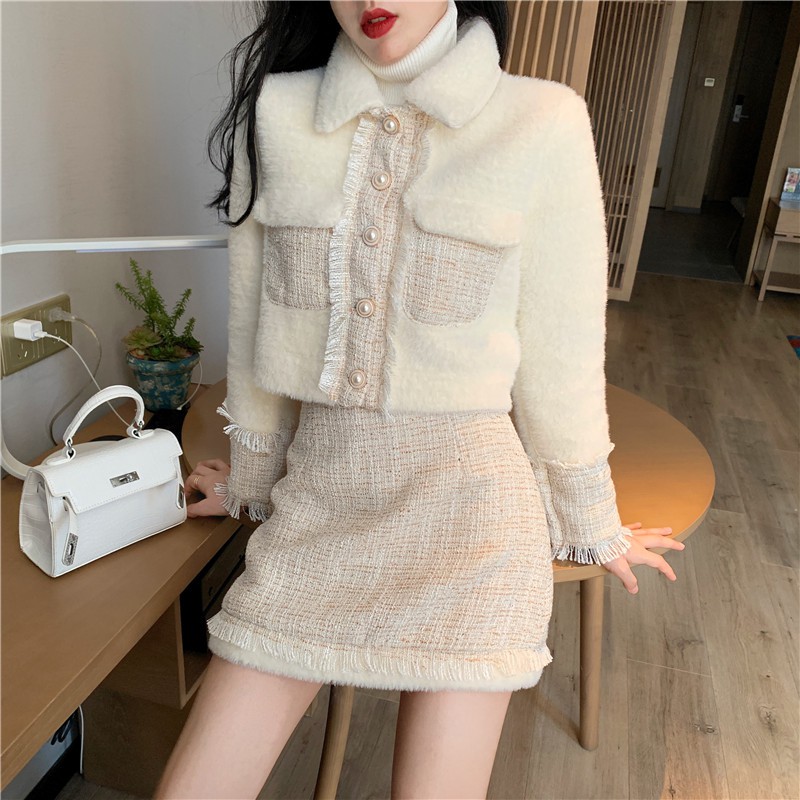 Set áo váy dạ phối lông tiểu thư sang chảnh áo khoác lông Đ154