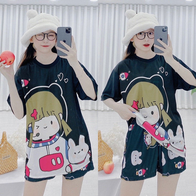 Đồ bộ ngủ nam nữ mặc nhà chất thun co giãn thoải mái form set áo tay lửng in hình dễ thương