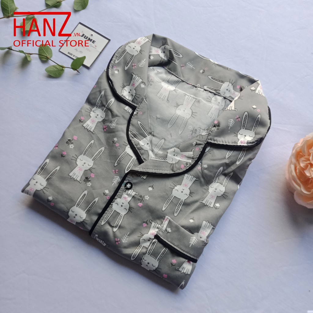 Bộ ngủ pijama lụa kate thái áo dài quần dài bộ mặc nhà mềm mại dễ thương H 1 Ghi Thỏ