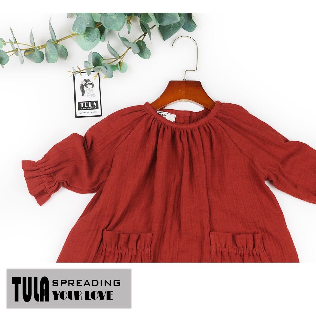 Váy Đầm Bé Gái Vải Xô Muslin Màu Đỏ Cam Dáng Rộng Siêu Mềm Mịn