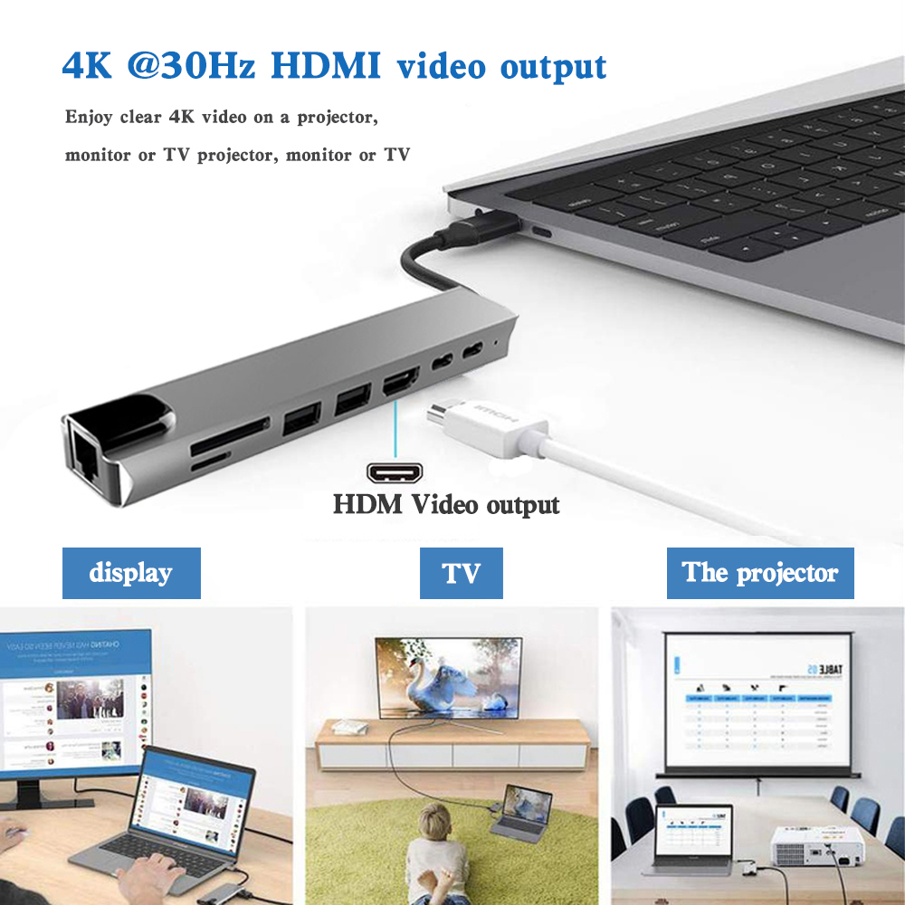 Đế Sạc Đa Năng 8 Trong 1 Cổng Usb Type C Sang Usb-C 4k Hdmi Tf Rj45