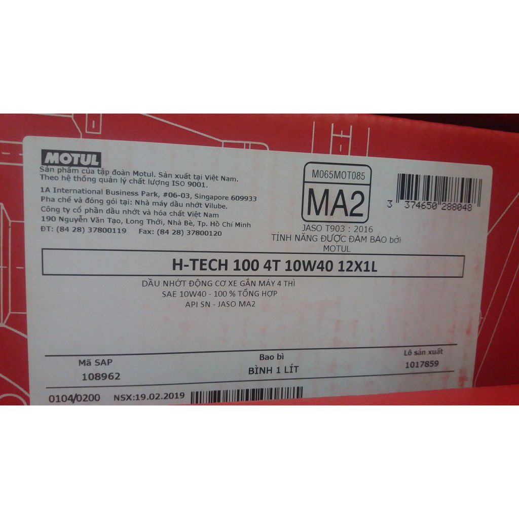 Nhớt Motul Htech 100 10W40 MA2 100% TỔNG HỢP