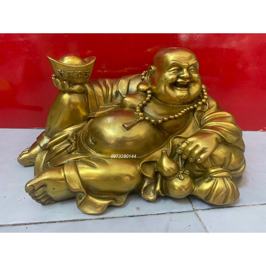 Tượng phật Di lạc cầm thỏi vàng nằm dựa bị cao 13cm bằng đồng nguyên chất