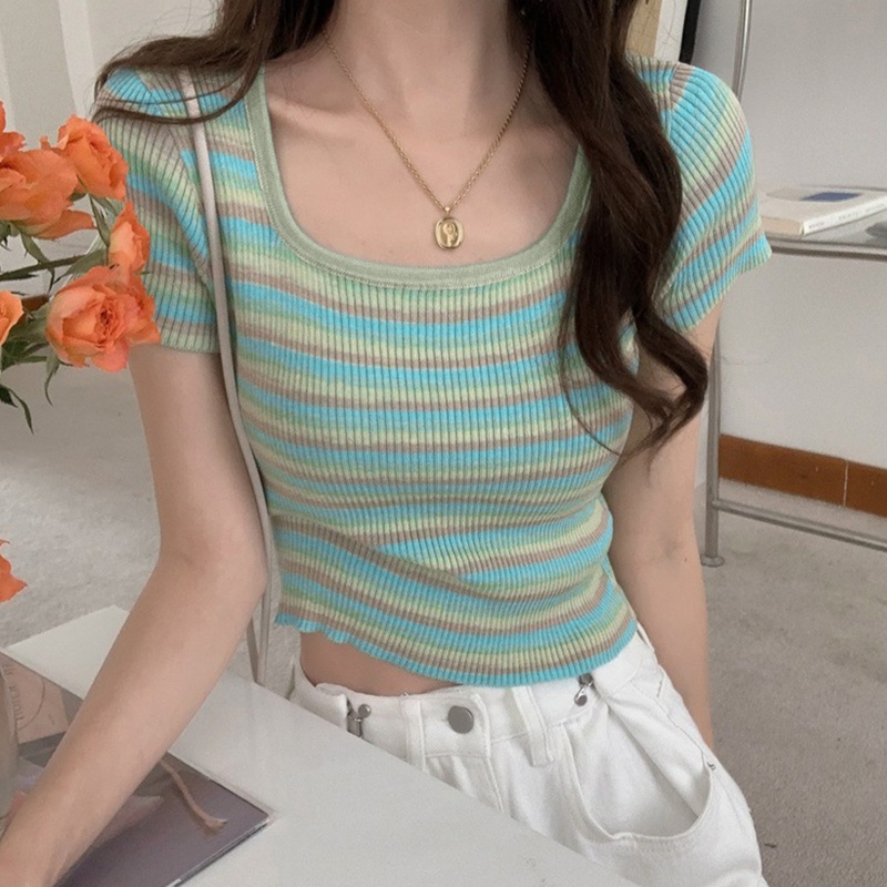 Áo Croptop Dệt Kim Tay Ngắn Cổ Vuông Họa Tiết Kẻ Sọc Màu Tương Phản Thời Trang Cho Nữ Bl