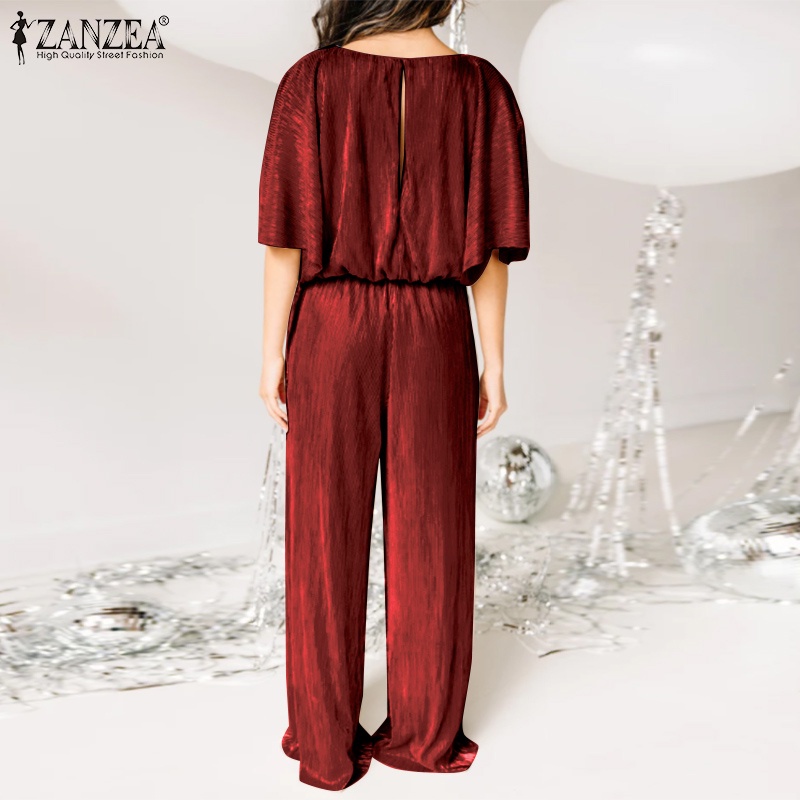 Áo liền quần ZANZEA tay lửng ống rộng lưng thun thời trang cho nữ