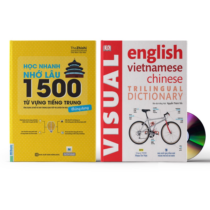 Sách - Combo: Học Nhanh Nhớ Lâu 1500 Từ Vựng Tiếng Trung + Visual English Vietnamese Chinese Trilingual Dictionary + DVD
