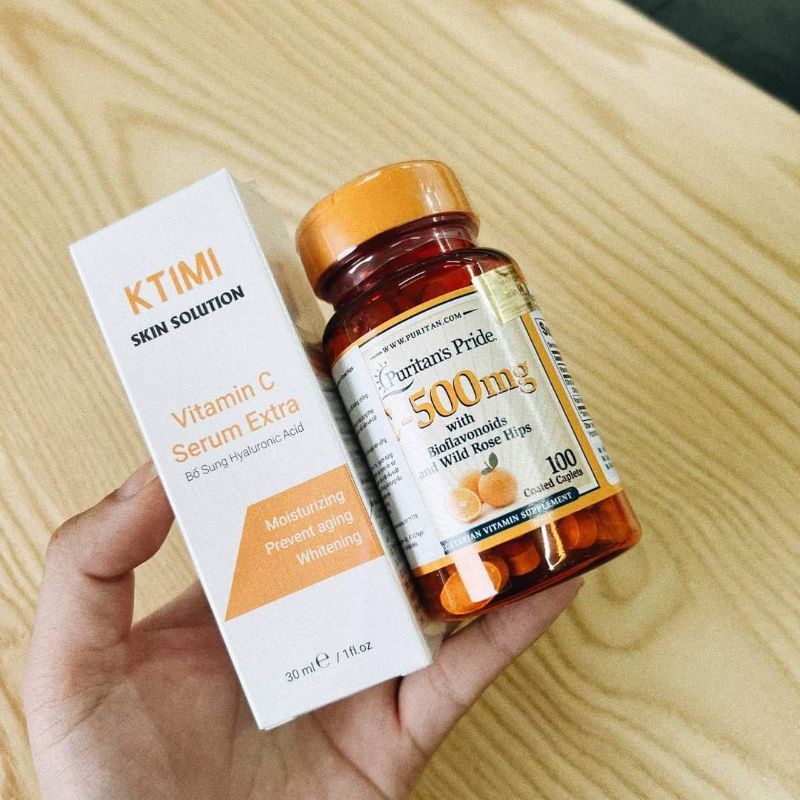 Combo bộ đôi kết hợp giữa serum VTM C KTIMi và viên uống VTM C PURITAN'S Pride giúp giảm thâm sáng da từ trong ra ngoài.