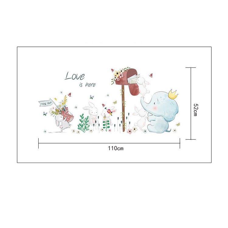 Decal dán tường Voi thỏ Love is Here A68 - Decal dán tường Hàn Quốc