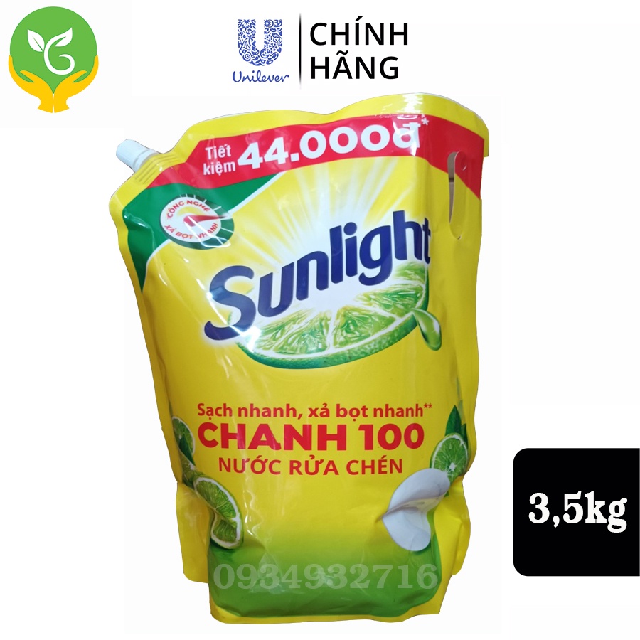 [Chính Hãng] Nước rửa chén Sunlight Chanh mới sạch nhanh xả bọt nhanh Túi 3.5kg
