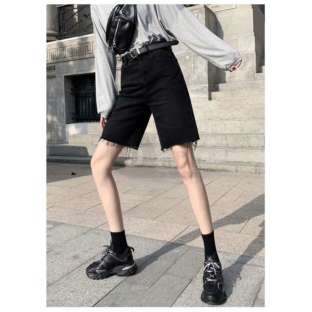 Quần short denim daduhey màu đen dáng suông ống rộng phong cách Hàn Quốc mùa hè cho nữ (không kèm thắt lưng Pos)