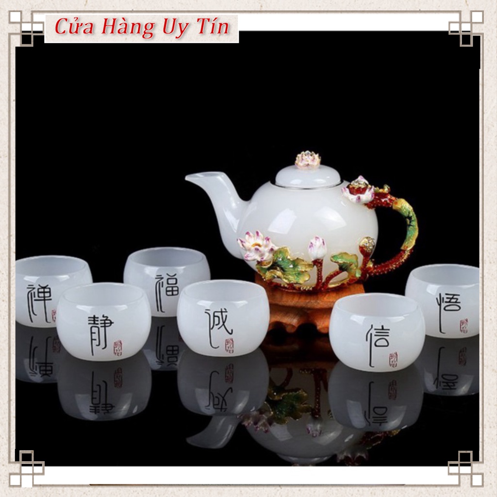 Bộ trà Bộ ấm chén bạch ngọc chính hãng họa tiết tinh xảo