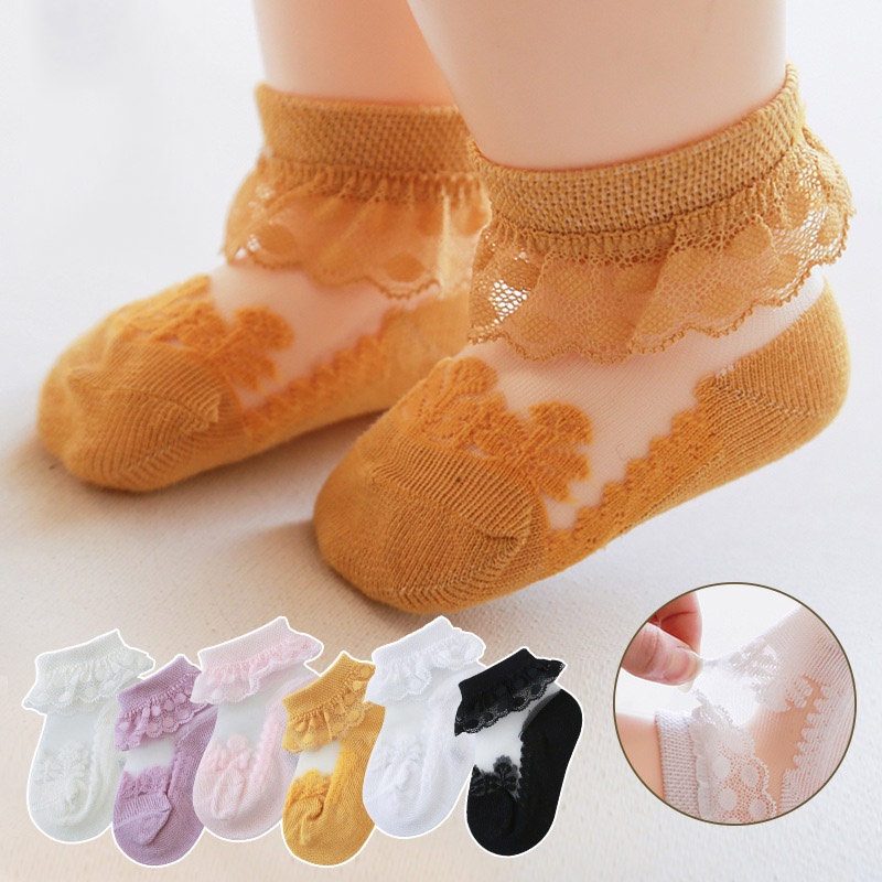 Vớ ren hoa bằng lụa lạnh mỏng thoáng khí dễ thương cho bé gái 0-12 tháng tuổi