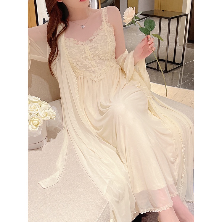 Set váy voan 2 dây kèm áo khoác choàng thêu hoa quảng châu