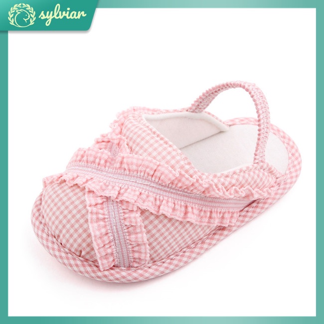 Đôi dép đi trong nhà vải cotton sọc ca rô phối viền bèo dành cho bé 0-18 tháng tuổi