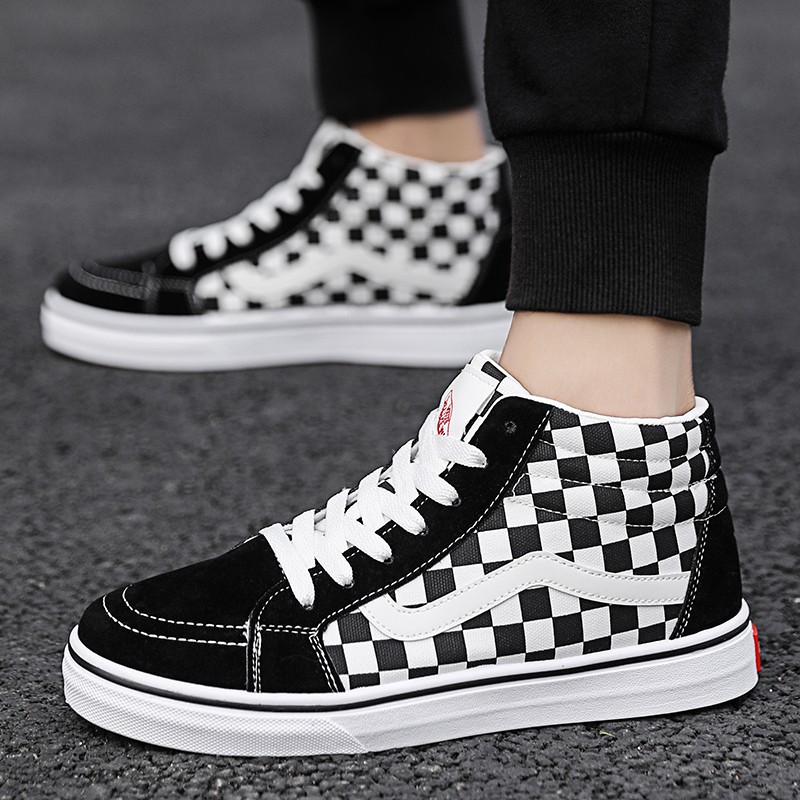 Vans Giày Thể Thao Canvas Cổ Cao Kẻ Sọc Caro Trắng Đen Thời Trang Cho Nữ