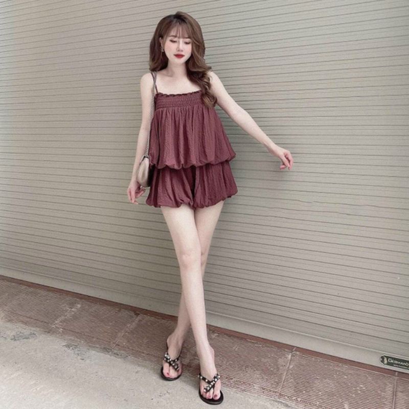 SALE 🎊  Set Bí Phồng Áo Hai Dây Nhún Ngực Và Quần Short Ngắn - Thiết Kế Tiểu Thư Bánh Bèo Cute - Hot Girl