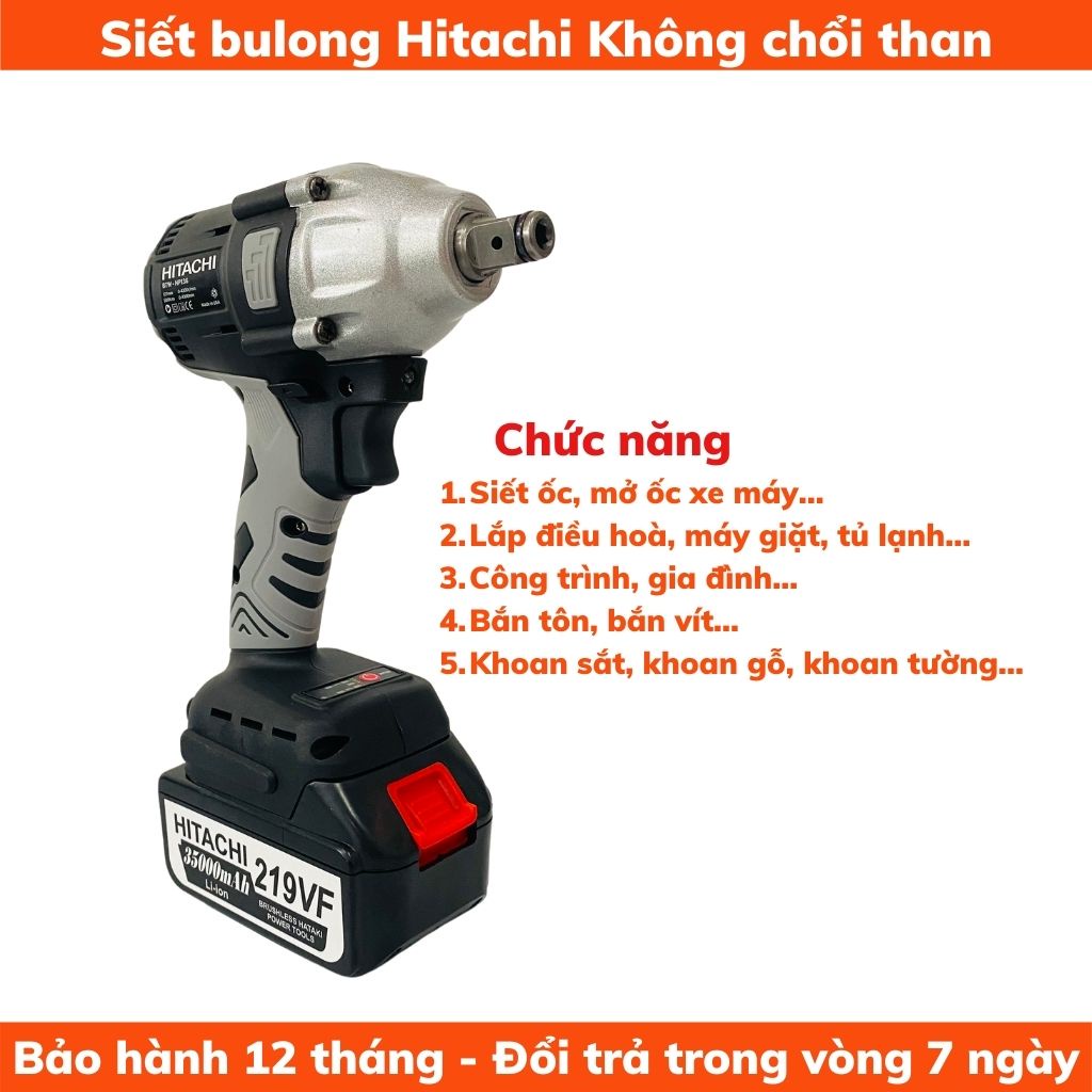Siết bulong Hitachi 219VF không chổi than 2 trong 1 - 2 PIN TẶNG ĐẦU CHUYỂN VÍT VÀ KHẨU 22