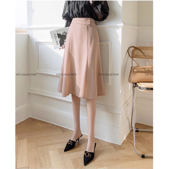 Chân váy xòe midi phối vạt chéo nút bọc vải thiết kế cao cấp TÂY COLLECTION dài 65cm mặc qua gối