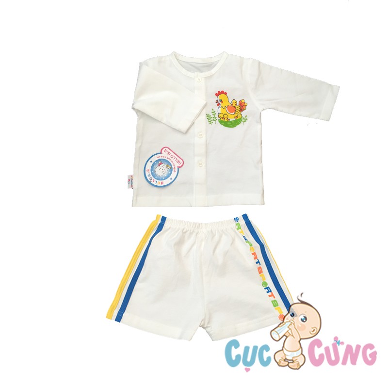 Áo sơ sinh Hello BB cài nút giữa tay dài số 3 - hình con gà + Quần ngắn sơ sinh Hello BB sọc màu số 3