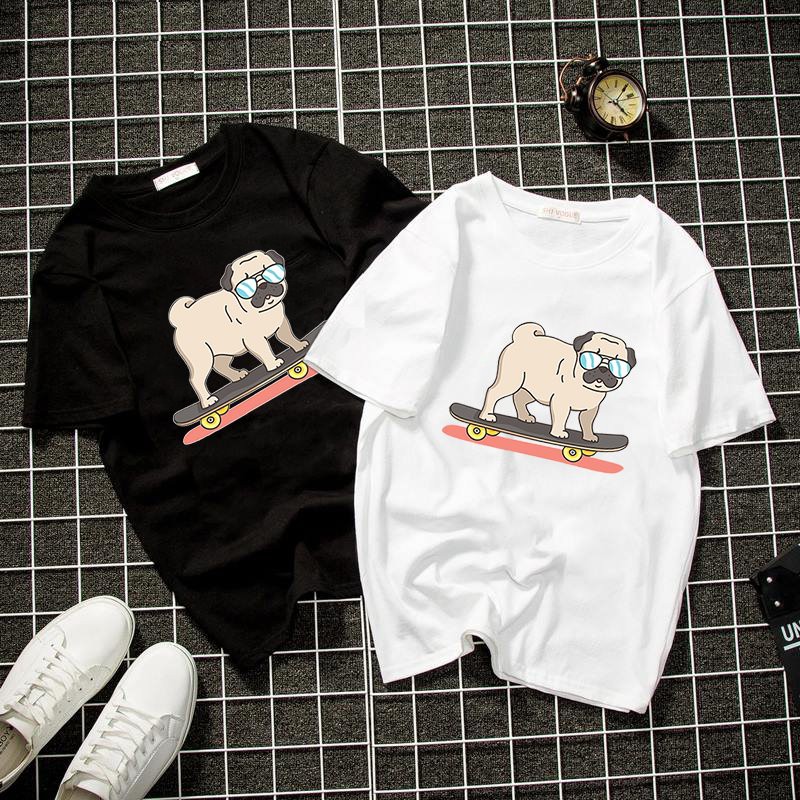 Áo thun unisex Hàn Quốc in pug dog trượt ván vải dày mịn 2019T1012
