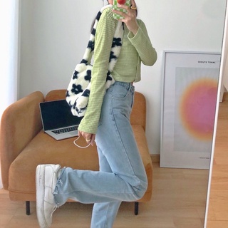 JANET STUDIO • Quần jean xanh raw hem