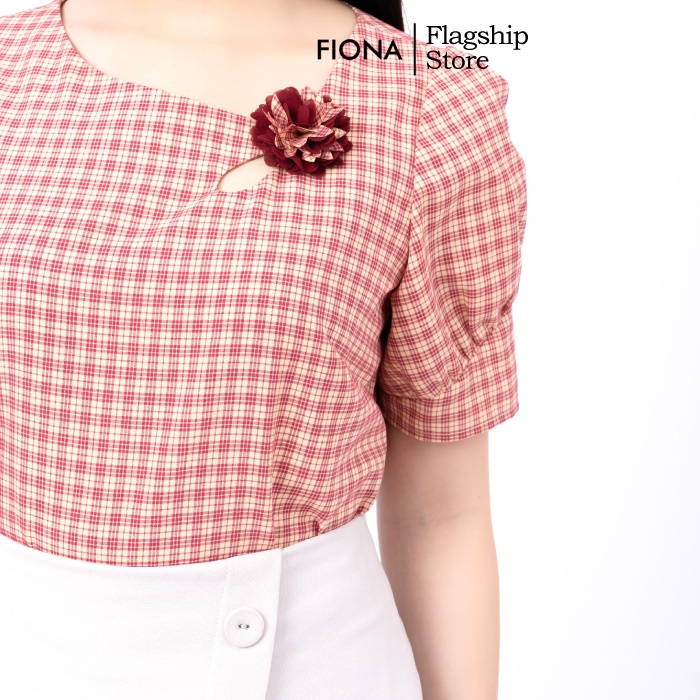 Áo sơ mi vai bồng FIONA, sơ mi công sở họa tiết kẻ, cổ tròn mã F551217