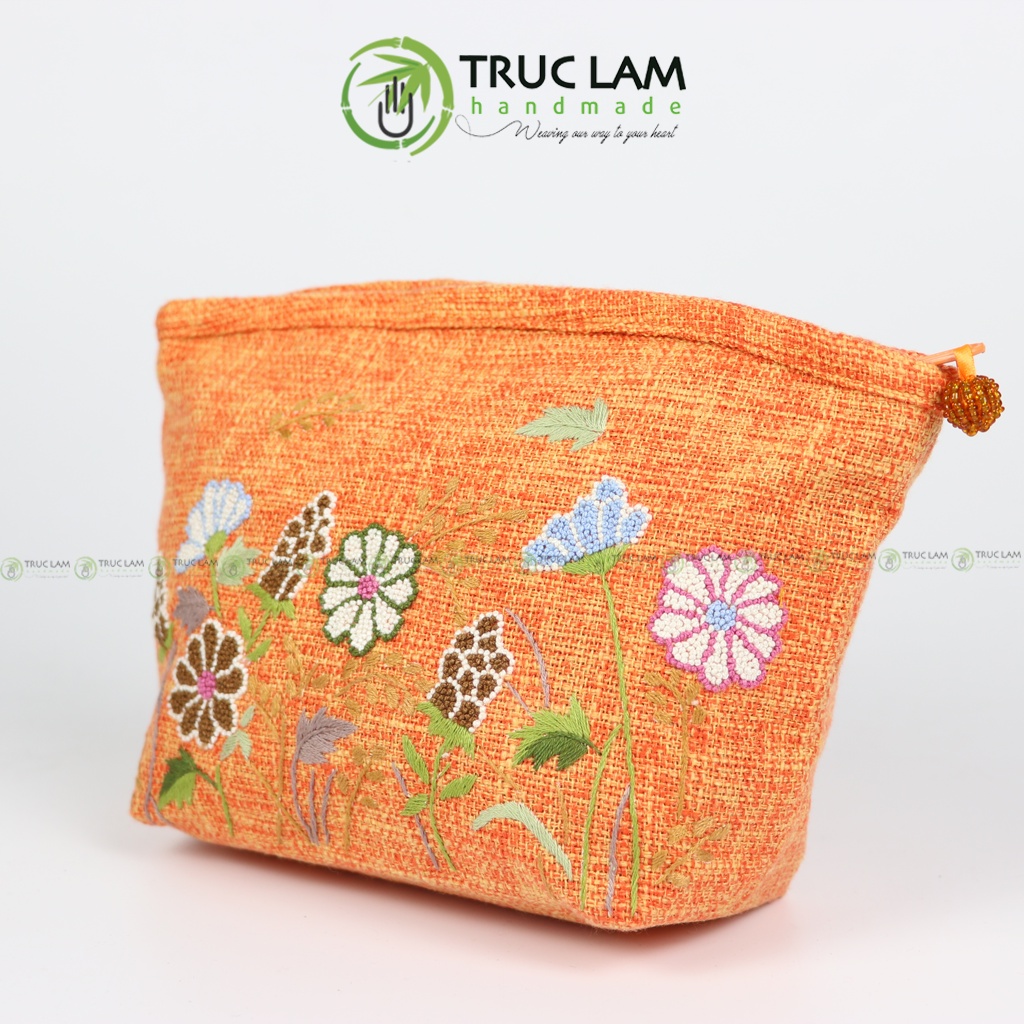 Ví Cầm Tay Nữ Vải Gai Họa Tiết Hoa Cỏ Sa Hạt Thêu Tay 2 Mặt - Trúc Lâm Handmade