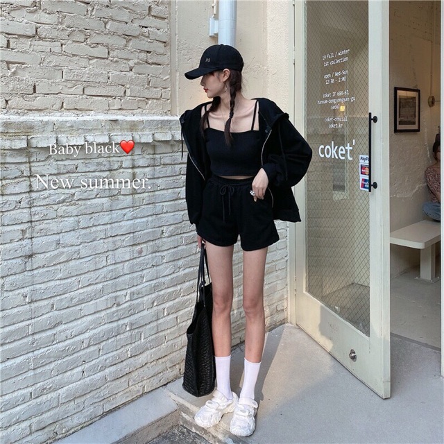 Set bộ thể thao 3 món áo khoác hoodie kèm áo 2 dây và quần sooc ống rộng