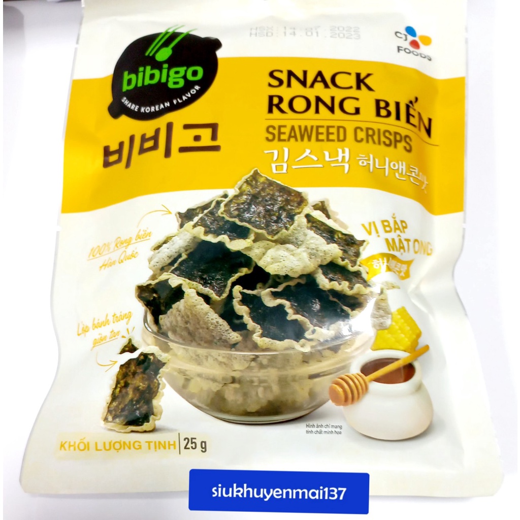 snack rong biển bibigo ăn liền 25 gr mật ong tự nhiên  , hsd:10/11/23