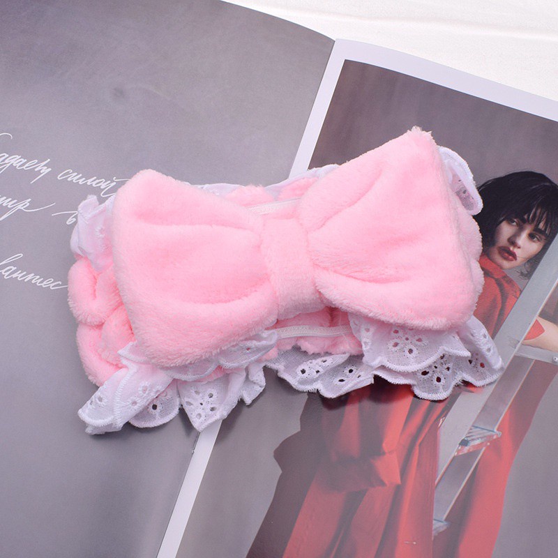 Băng đô phối ren đính nơ phong cách Hàn Quốc xinh xắn dùng rửa mặt tiện dụng