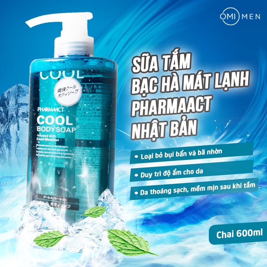 Sữa Tắm Nam Cao Cấp Nhật Bản Bạc Hà Mát Lạnh, Sạch Khuẩn Pharmaact Cool Body Soap (600ml)