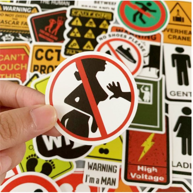 Sticker BIỂN BÁO nhựa PVC không thấm nước, dán nón bảo hiểm, laptop, điện thoại, Vali, xe
