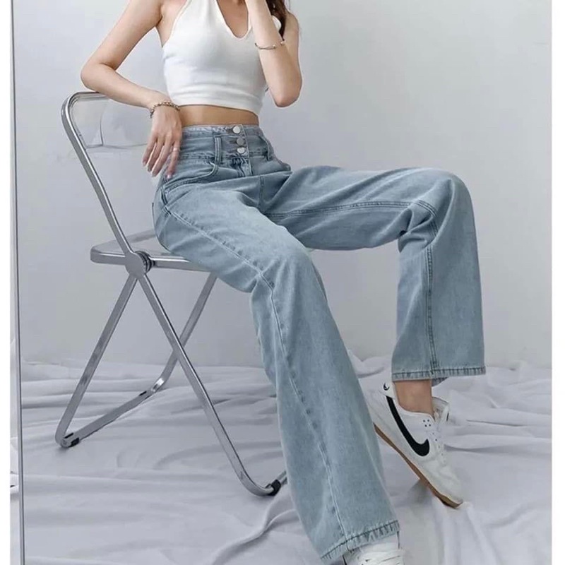 Quần Jeans Nữ Cạp 3 Cúc Màu Xanh Nhạt Ống Suông Lưng Cao Phong Cách Hàn Quốc Năng Động Cá Tính Chất Jean Loại 1