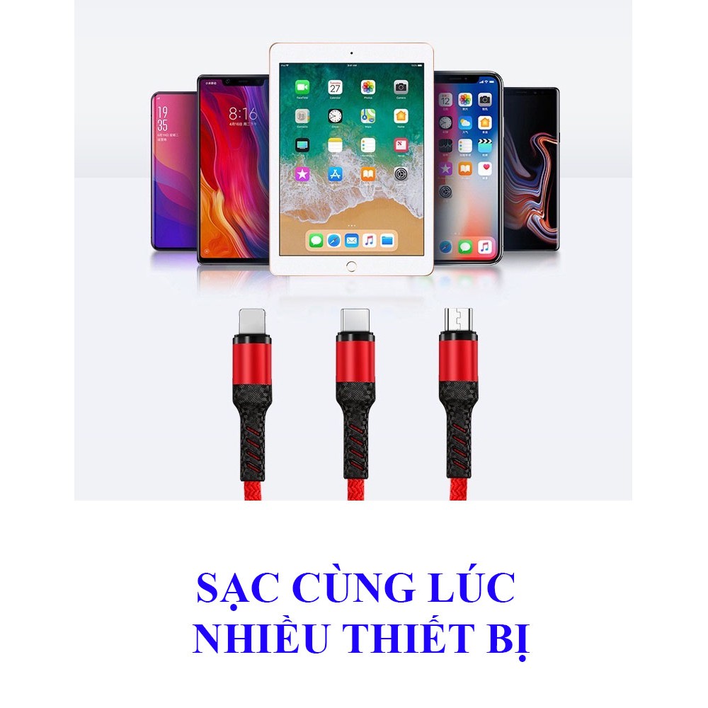 Cáp sạc nhanh 3 đầu(USB Cáp sạc)3.0A JSJ USB-233 dài 1.2m sử dung chất liệu vải dù mềm phân đuôi cáp đư