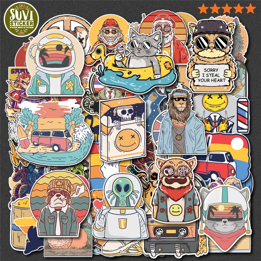 50 Sticker Vintage Retro Things chống nước sticker dán mũ bảo hiểm, laptop, điện thoại, đàn guitar, vali. MSP: NS25