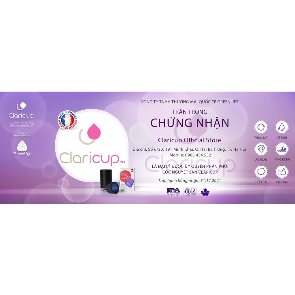 Cốc nguyệt san Claricup màu trắng siêu mềm - Hàng chính hãng Pháp 100% silicon y tế cao cấp kháng khuẩn