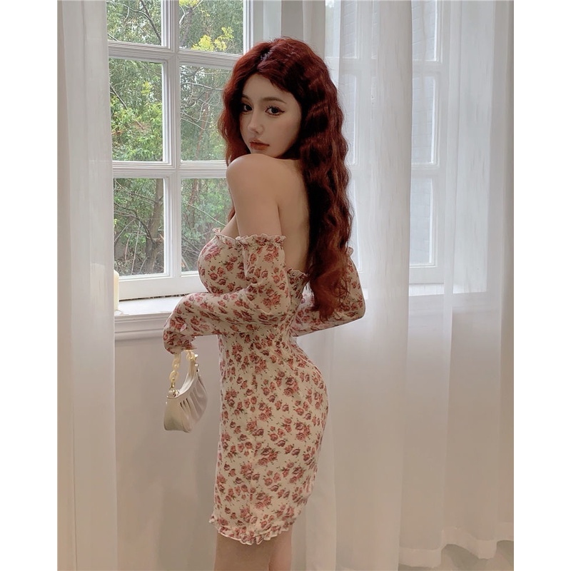 Đầm Hoa Vải Chiffon Tay Ống Ôm Ngực Kiểu Nhật Bản Thiết Kế Quyến Rũ Cho Nữ