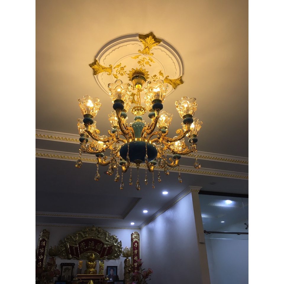 Đèn chùm tân cổ điển Bắc Âu cho Biệt Thự Nhà Nghỉ Khách Sạn tặng kèm bóng Led chao xanh vân đá