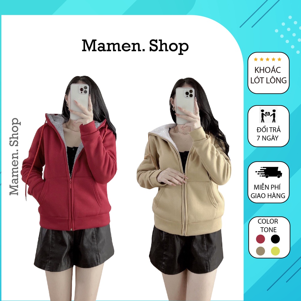 Áo khoác nỉ nữ lót lông, Áo hoodie kéo khóa nữ ấm áp trẻ trung Mamen Shop