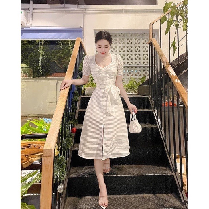 Đầm dạo phố cổ vuông đan chéo ngực cột nơ lưng xẻ tà nhẹ nhàng thanh lịch - HELEN dress