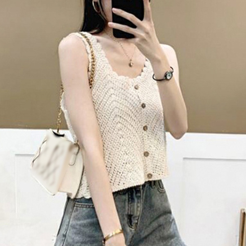 Brroa Áo Croptop Sát Nách Cài Nút Khoét Rỗng Cho Nữ