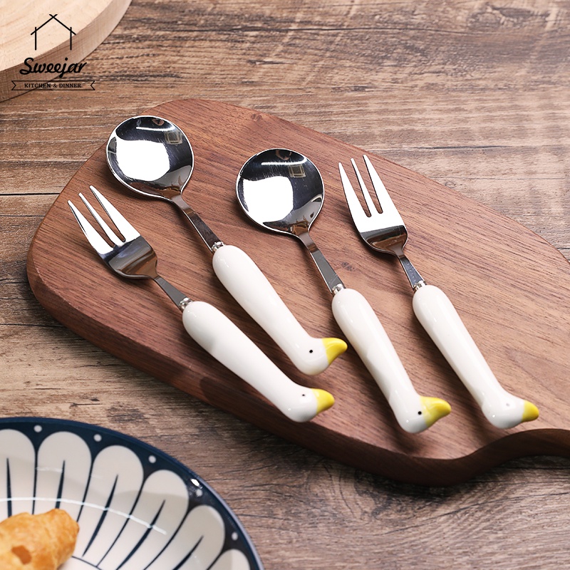 1 Muỗng Nĩa Bằng Thép Không Gỉ 304 Hình Vịt Vàng Dễ Thương