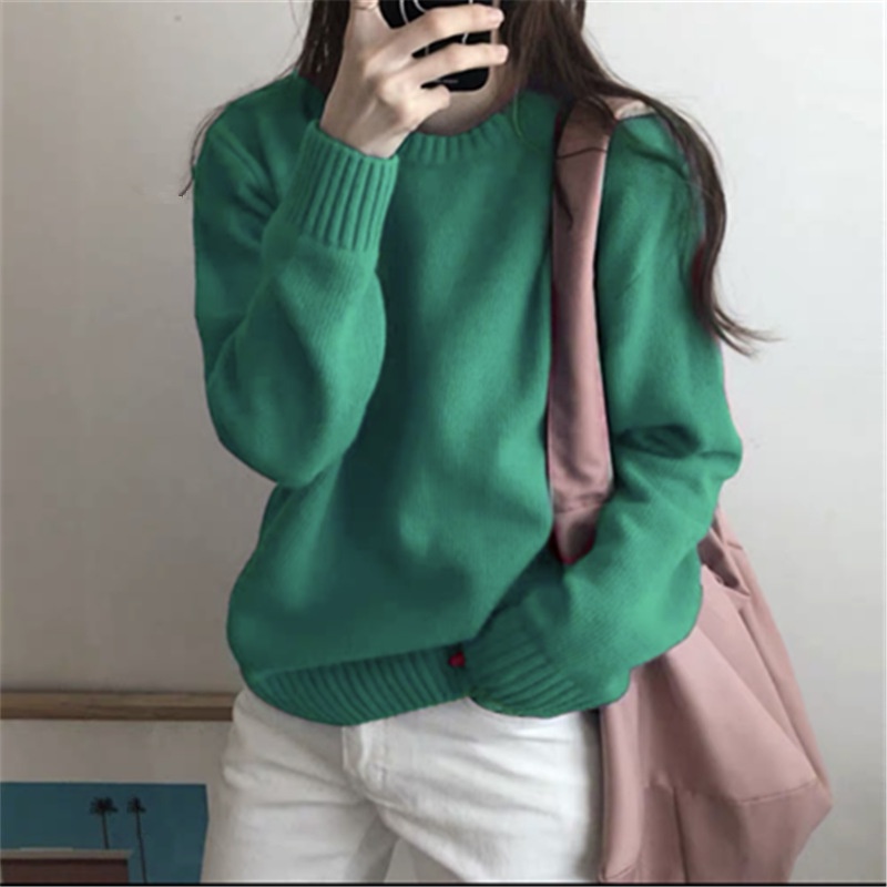♀♀Áo Sweater Dệt Kim Cổ Tròn Dáng Rộng Màu Trơn Thời Trang Thu Đông Phong Cách Hàn Quốc Cho Nữ