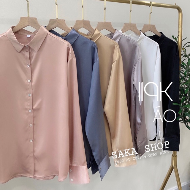 Áo sơ mi lụa nữ dài tay dáng rộng trơn màu phong cách Hàn