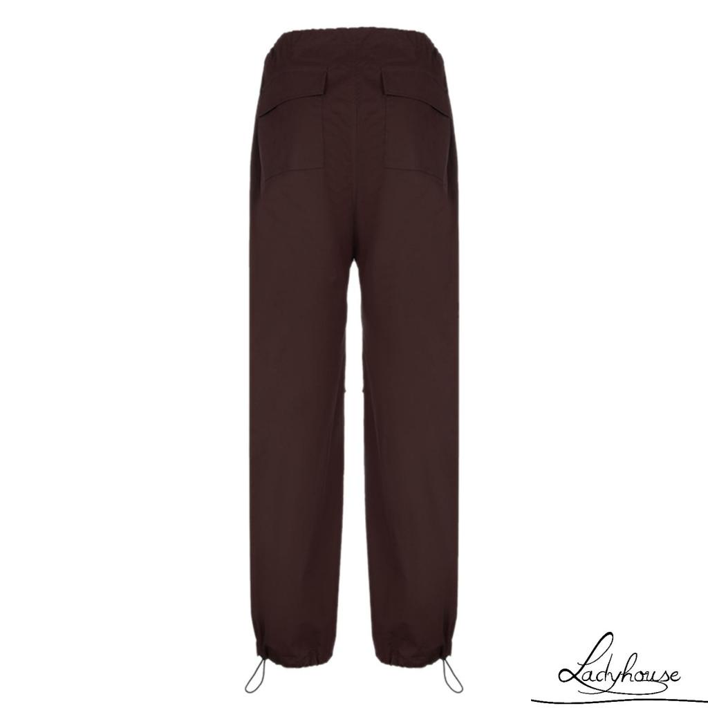 Quần ống rộng Màu Trơn Phối Dây Rút Thời Trang Mùa Xuân Cho Nữ Màu Đen/Nâu