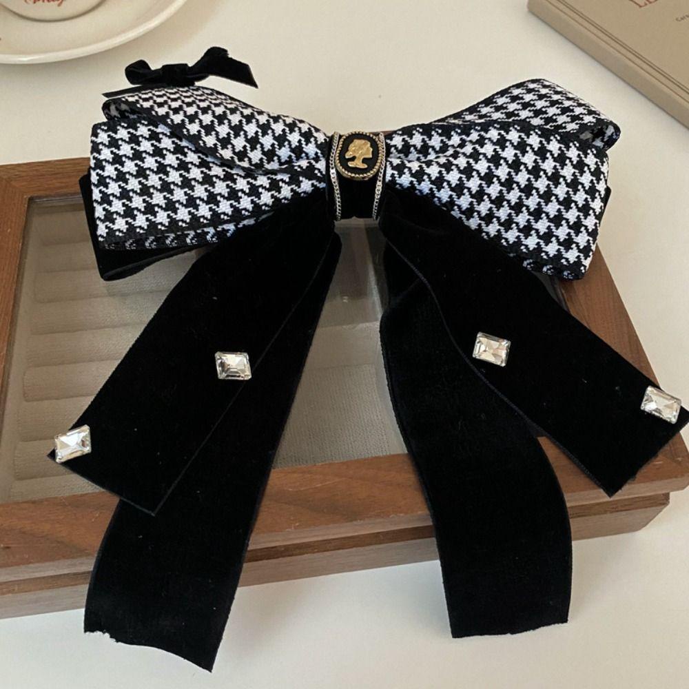 Kẹp Tóc Nơ Lớn Họa Tiết Kẻ Ô Retro Thanh Lịch Cho Nữ