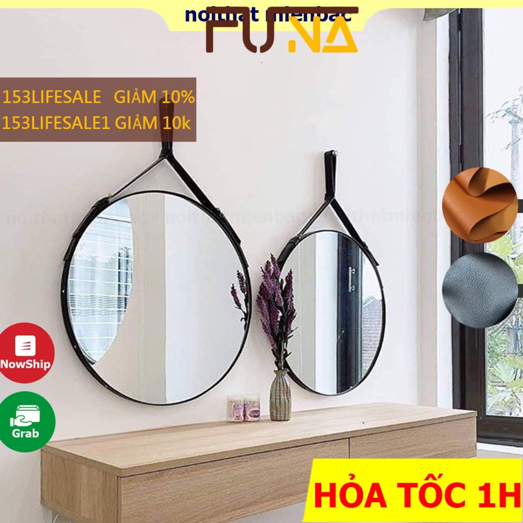 Gương Soi Tròn Treo Tường Dây Da Giá Xưởng, có màu đen và nâu vàng da bò, mặt đủ size 40cm, 50cm và 60cm