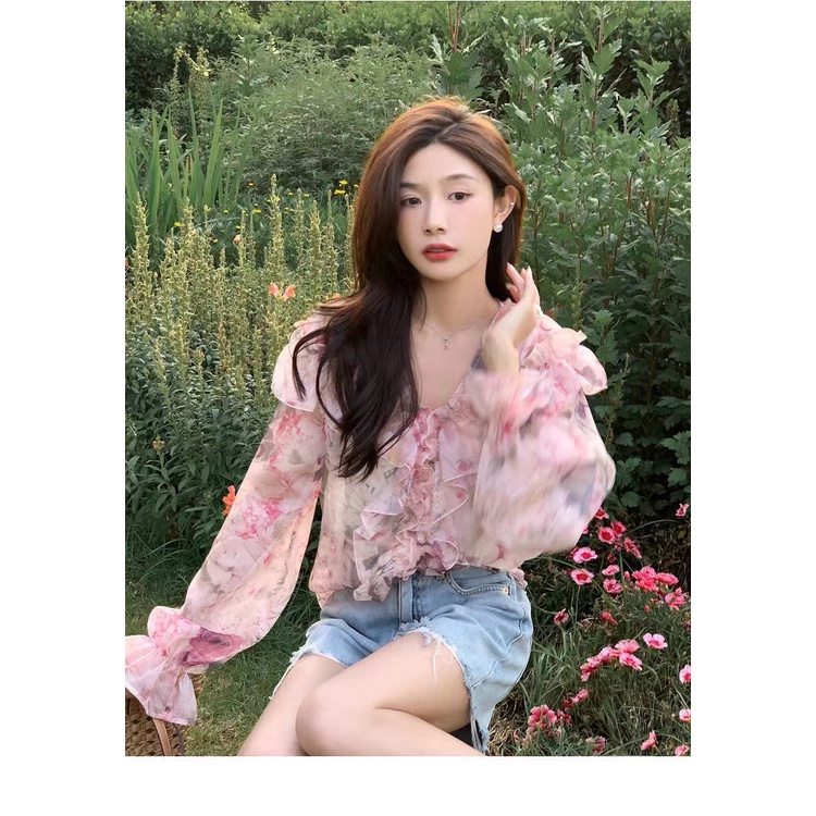 Áo Sơ Mi Voan Tay Dài Họa Tiết Hoa Phong Cách Vintage Hàn Quốc Cho Nữ